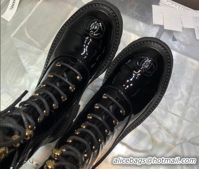 Popular Style Chanel Patent Leather Lace-up Boots Back Black 080885