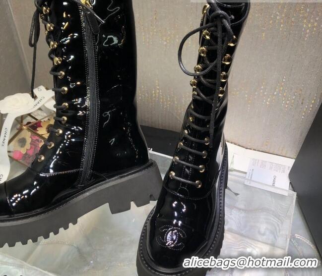 Popular Style Chanel Patent Leather Lace-up Boots Back Black 080885