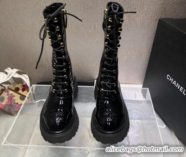 Popular Style Chanel Patent Leather Lace-up Boots Back Black 080885