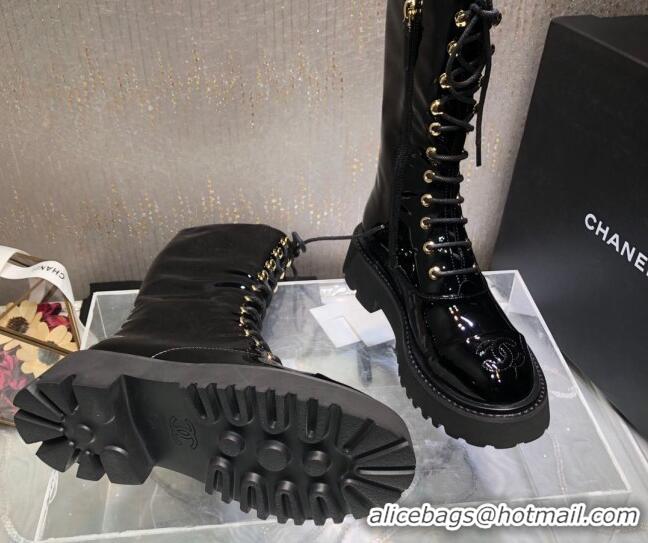 Popular Style Chanel Patent Leather Lace-up Boots Back Black 080885