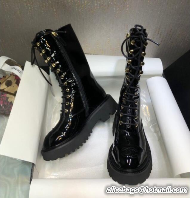 Popular Style Chanel Patent Leather Lace-up Boots Back Black 080885