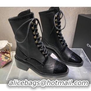 Good Quality Chanel Performated Calfskin Lace-up Ankle Boots Black 080886