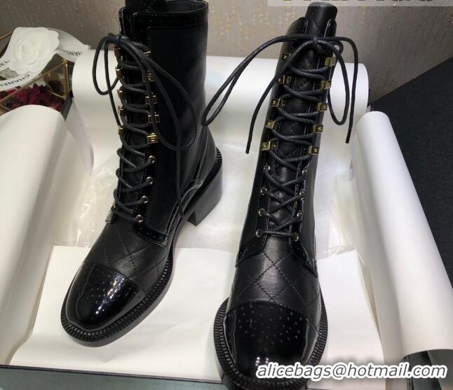 Good Quality Chanel Performated Calfskin Lace-up Ankle Boots Black 080886