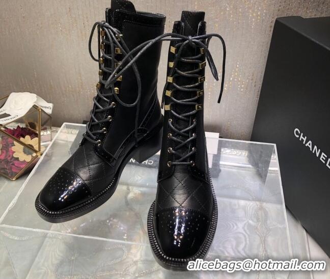 Good Quality Chanel Performated Calfskin Lace-up Ankle Boots Black 080886