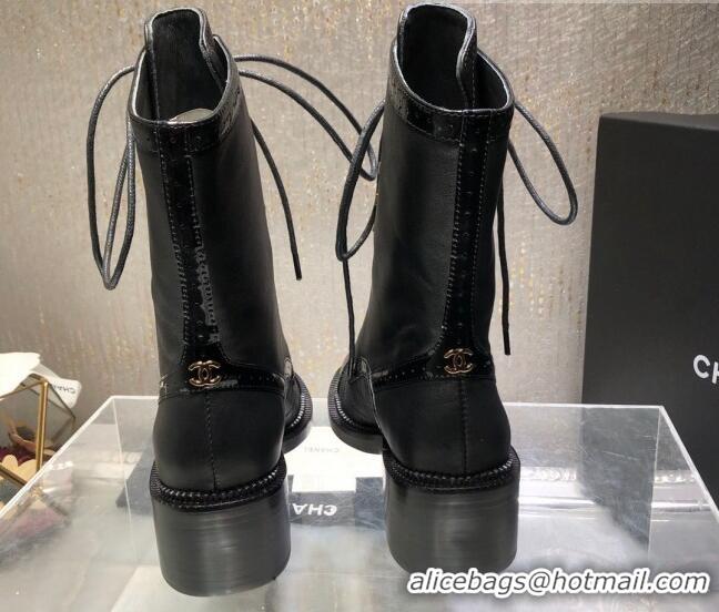 Good Quality Chanel Performated Calfskin Lace-up Ankle Boots Black 080886