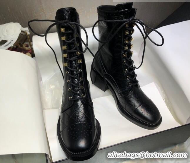 Best Product Chanel Performated Crinkle Leather Lace-up Ankle Boots Black 080887