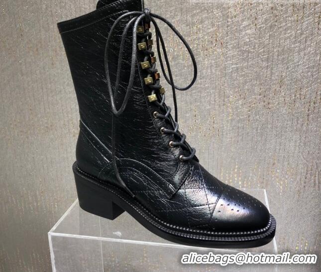 Best Product Chanel Performated Crinkle Leather Lace-up Ankle Boots Black 080887