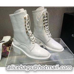 Grade Quality Chanel Performated Calfskin Lace-up Ankle Boots White 080888