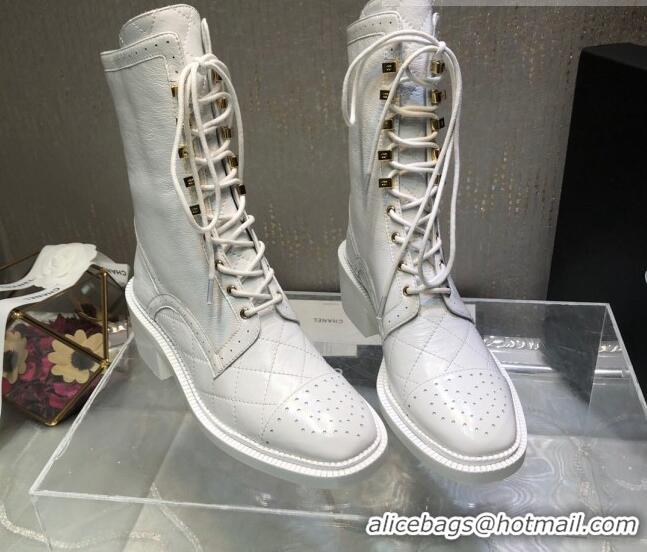 Grade Quality Chanel Performated Calfskin Lace-up Ankle Boots White 080888