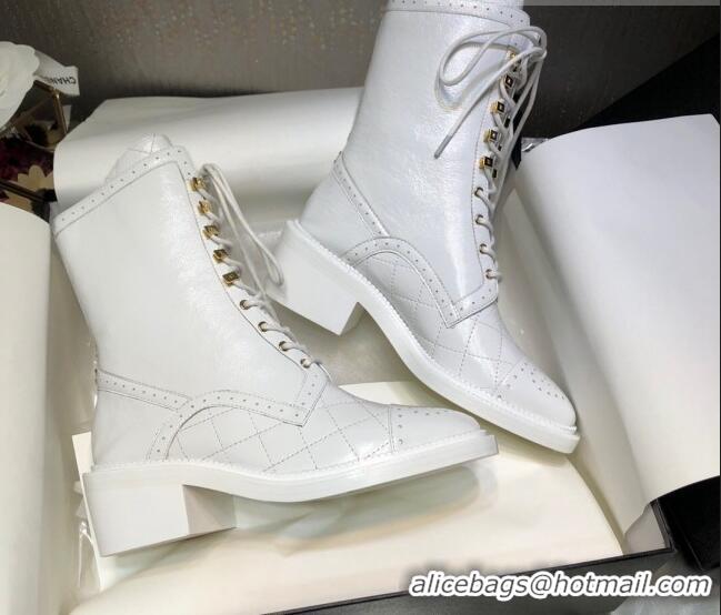 Grade Quality Chanel Performated Calfskin Lace-up Ankle Boots White 080888