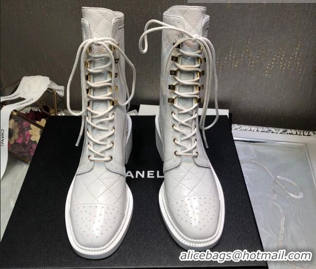 Grade Quality Chanel Performated Calfskin Lace-up Ankle Boots White 080888