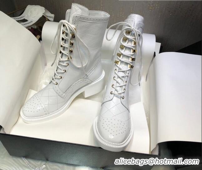 Grade Quality Chanel Performated Calfskin Lace-up Ankle Boots White 080888