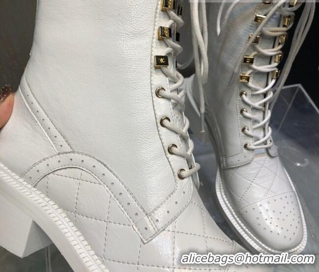 Grade Quality Chanel Performated Calfskin Lace-up Ankle Boots White 080888