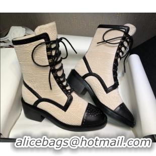 Top Design Chanel Pleated Lace-up Ankle Boots Beige 080889