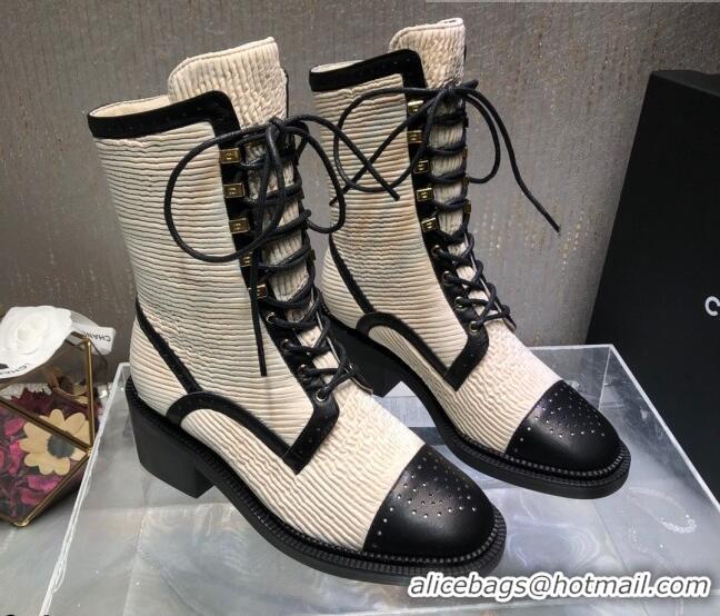 Top Design Chanel Pleated Lace-up Ankle Boots Beige 080889