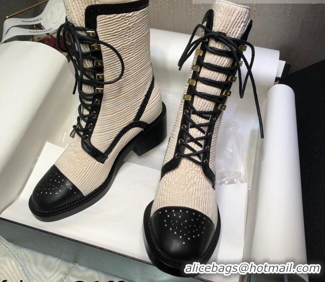 Top Design Chanel Pleated Lace-up Ankle Boots Beige 080889