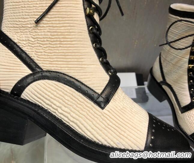 Top Design Chanel Pleated Lace-up Ankle Boots Beige 080889