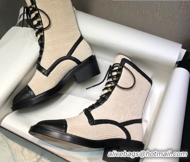 Top Design Chanel Pleated Lace-up Ankle Boots Beige 080889