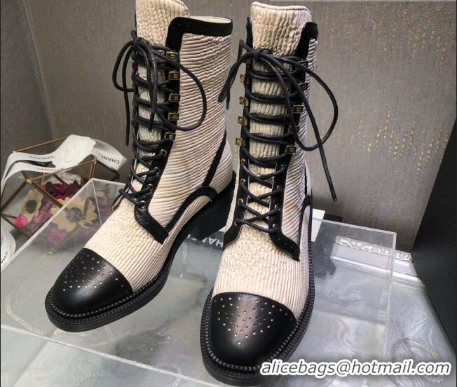 Top Design Chanel Pleated Lace-up Ankle Boots Beige 080889