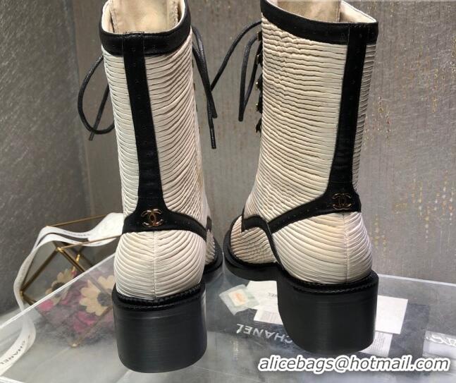 Top Design Chanel Pleated Lace-up Ankle Boots Beige 080889