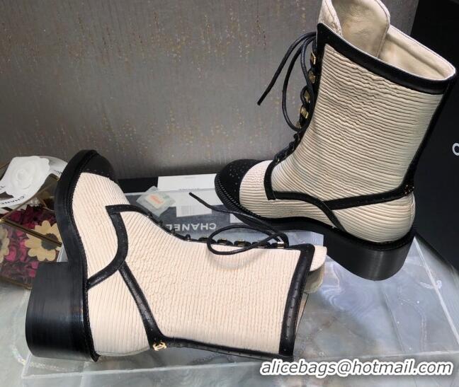 Top Design Chanel Pleated Lace-up Ankle Boots Beige 080889