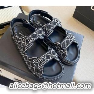 Best Grade Chanel Crystal Flat Strap Sandals Black 080890