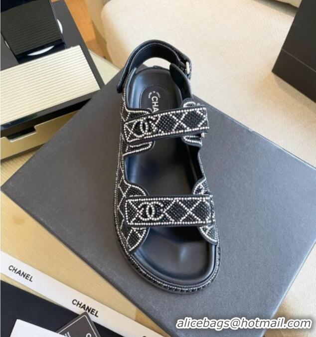 Best Grade Chanel Crystal Flat Strap Sandals Black 080890