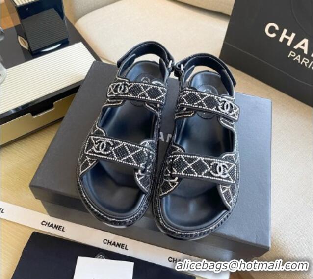 Best Grade Chanel Crystal Flat Strap Sandals Black 080890