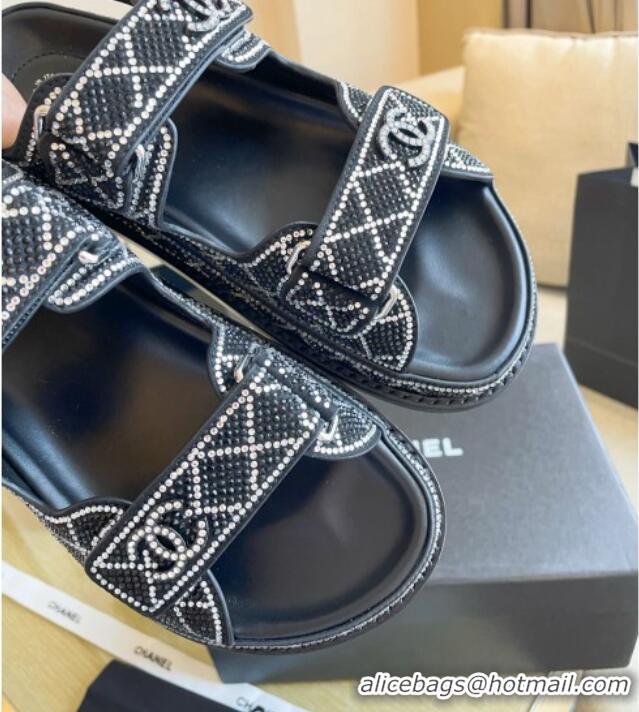 Best Grade Chanel Crystal Flat Strap Sandals Black 080890