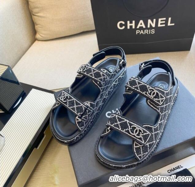 Best Grade Chanel Crystal Flat Strap Sandals Black 080890