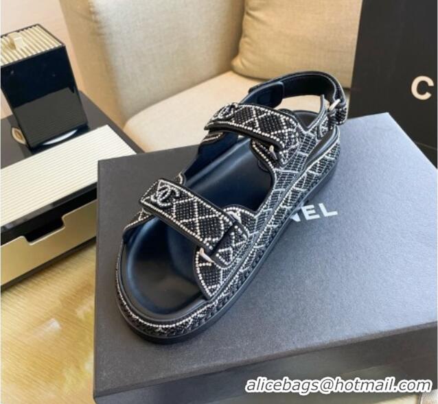 Best Grade Chanel Crystal Flat Strap Sandals Black 080890