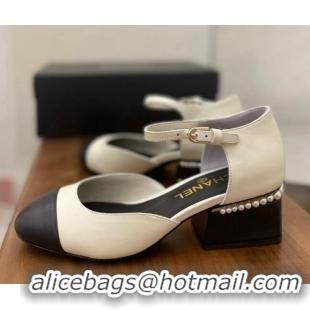 Unique Style Chanel Pearl Mary Janes Pumps White 080894