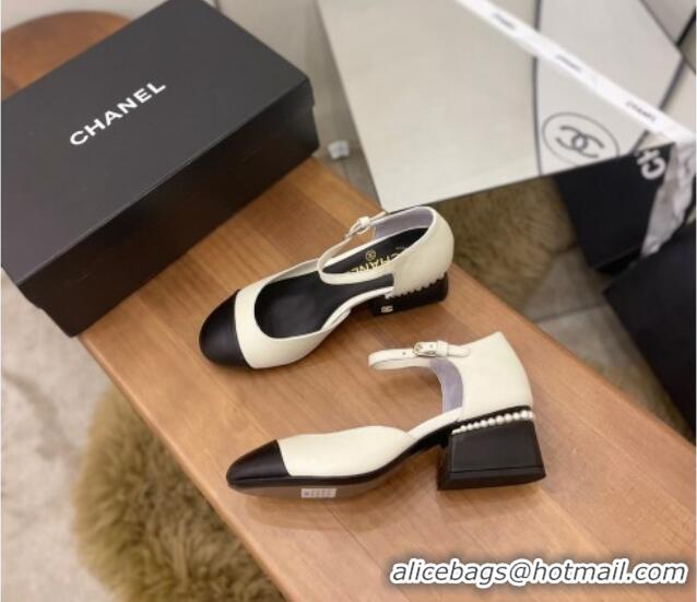 Unique Style Chanel Pearl Mary Janes Pumps White 080894