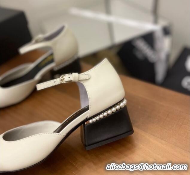 Unique Style Chanel Pearl Mary Janes Pumps White 080894