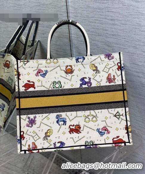 ​Top Grade Dior Large Book Tote Bag in White Pixel Zodiac Embroidery M941 2022