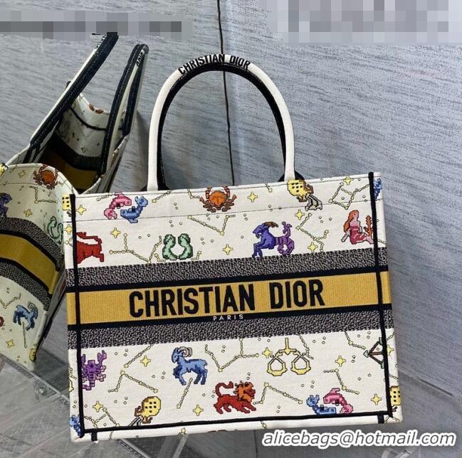 Good Product Dior Medium Book Tote Bag in White Pixel Zodiac Embroidery M941 2022