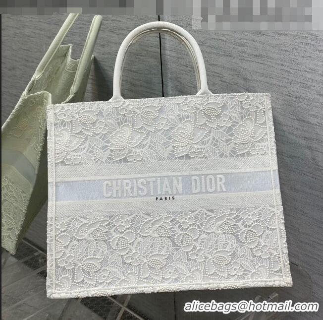 Well Crafted Dior Large Book Tote Bag in White Embroidery with Macrame Effect M941 2022