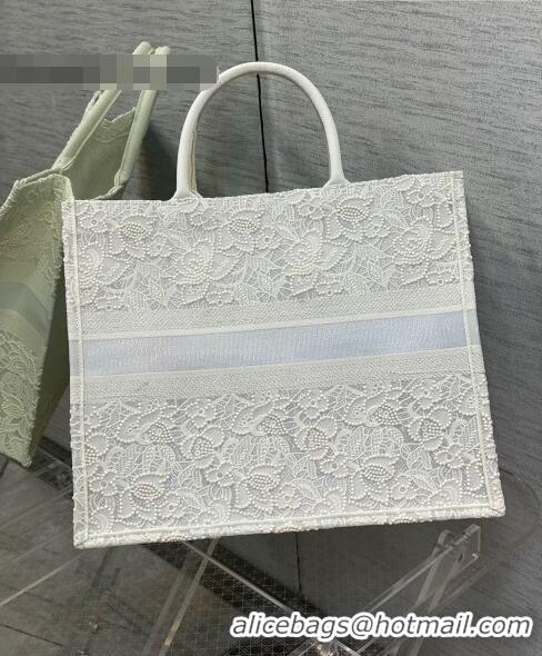 Well Crafted Dior Large Book Tote Bag in White Embroidery with Macrame Effect M941 2022