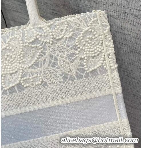 Famous Brand Dior Medium Book Tote Bag in White Embroidery with Macrame Effect M941 2022