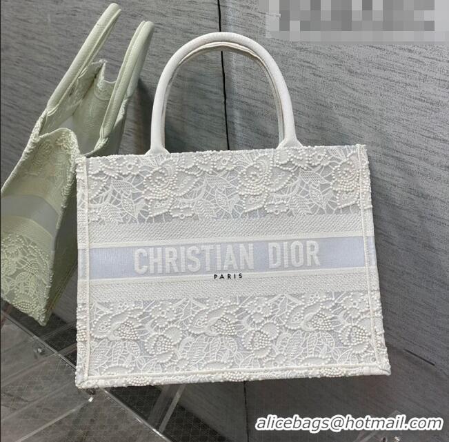 Famous Brand Dior Medium Book Tote Bag in White Embroidery with Macrame Effect M941 2022