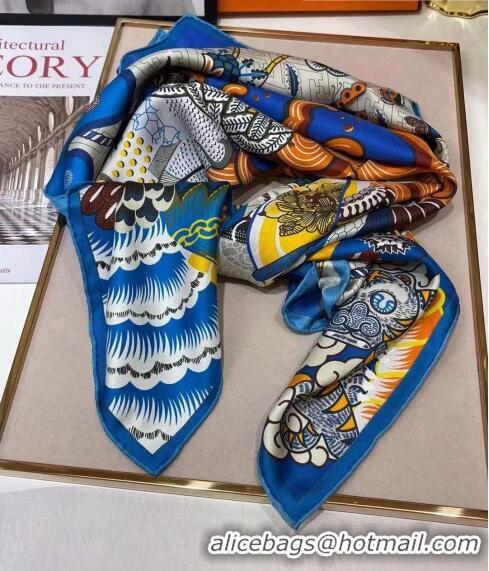 Shop Grade Hermes Silk & Cashmere Square Scarf 140x140cm H62415 Blue 2022