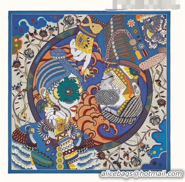 Shop Grade Hermes Silk & Cashmere Square Scarf 140x140cm H62415 Blue 2022