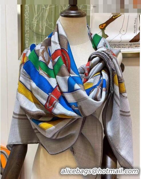 Pretty Style Hermes Silk & Cashmere Square Scarf 140x140cm H62417 Grey 2022