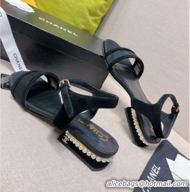 Classic Hot Chanel Pearl Charm Mesh Sandals 3cm Black 8089108