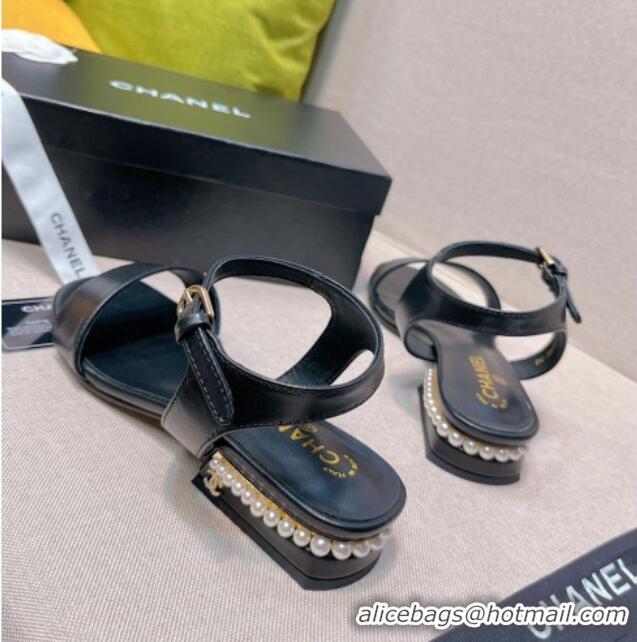 Best Grade Chanel Pearl Charm Lambskin Sandals 3cm Black 089109