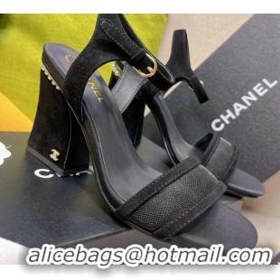 Hot Style Chanel Pearl Charm Mesh High Heel Sandals 8.5cm Black 089110