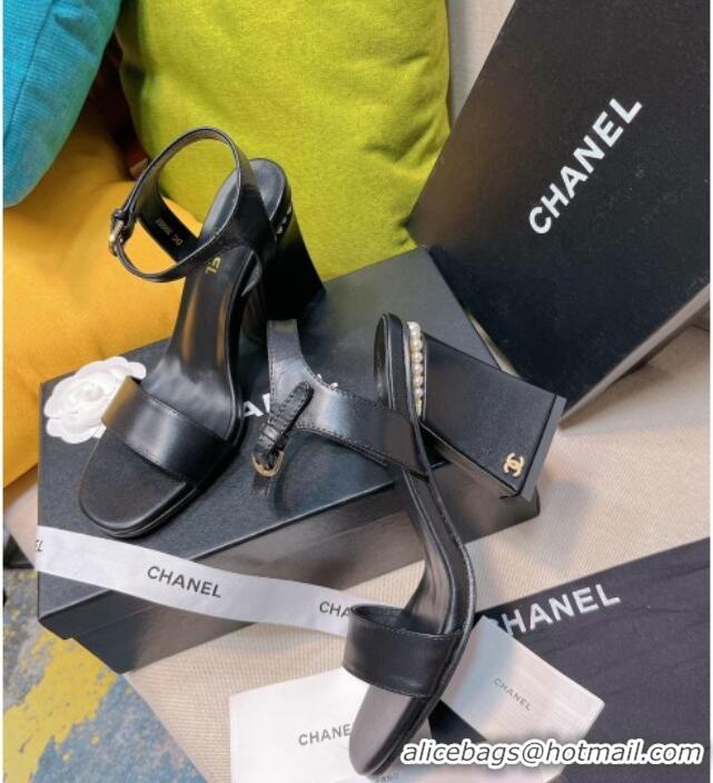 Grade Quality Chanel Pearl Charm Lambskin Mesh High Heel Sandals 8.5cm Black 8089111