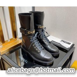 Discount Chanel Crinkled Calfskin Lace-up Boots with Buckle Black 080907