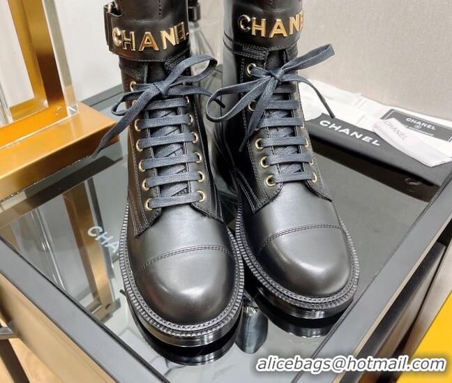 Discount Chanel Crinkled Calfskin Lace-up Boots with Buckle Black 080907