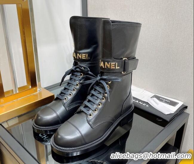 Fashion Chanel Smooth Calfskin Lace-up Boots with Buckle Black 080908